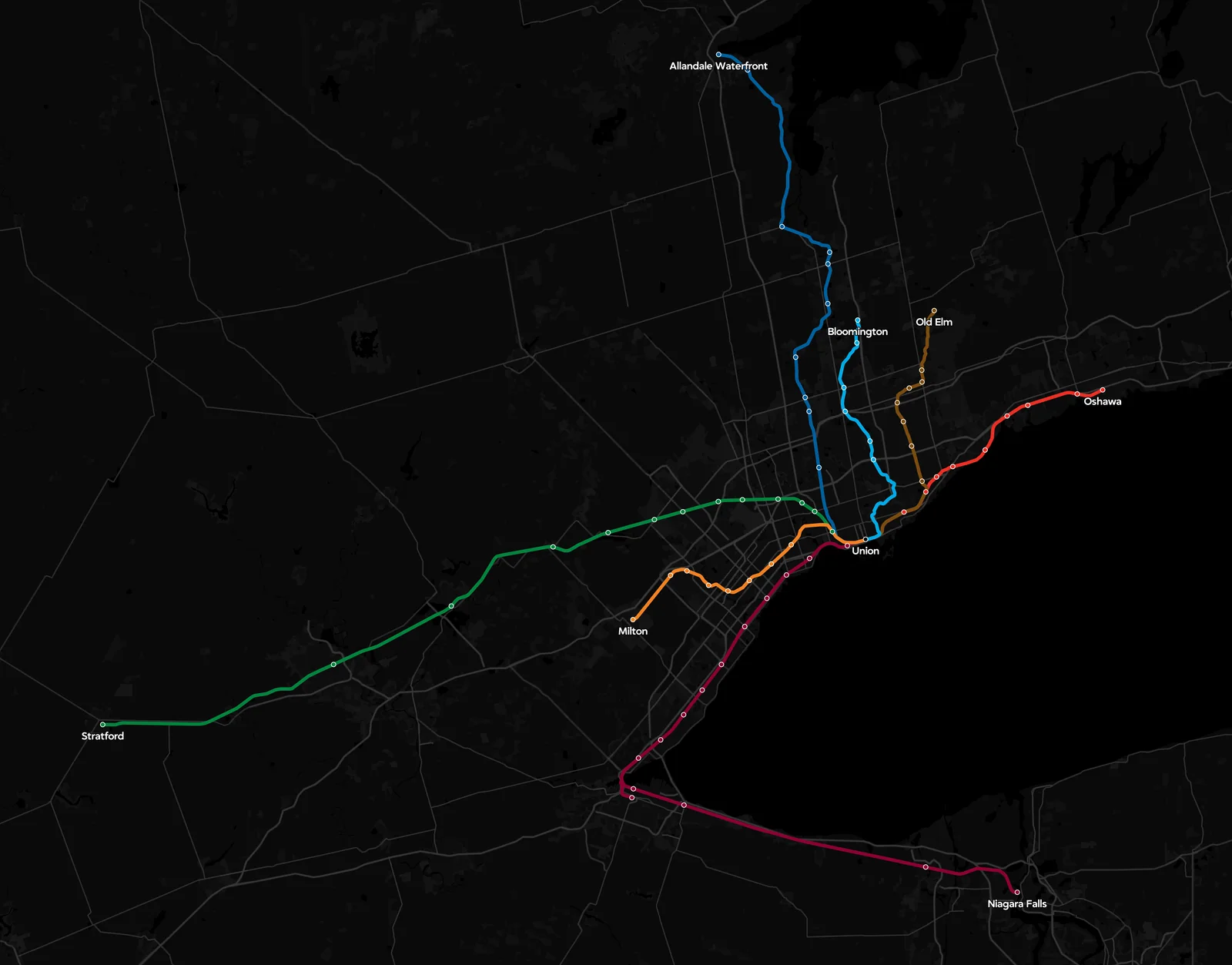 Map of GO Transit’s 7 Rail Lines. Source - Own Work
